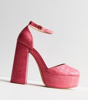 New Look Bright Pink Faux Croc 2 Part Platform Block Heel Sandals
